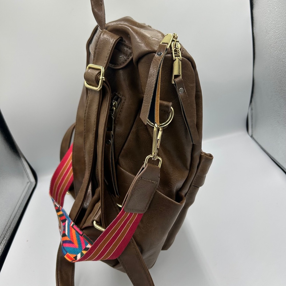 Unbranded Backpack Purse‎ Womens Medium Brown Faux Leather Guitar Strap Boho - Picture 6 of 12